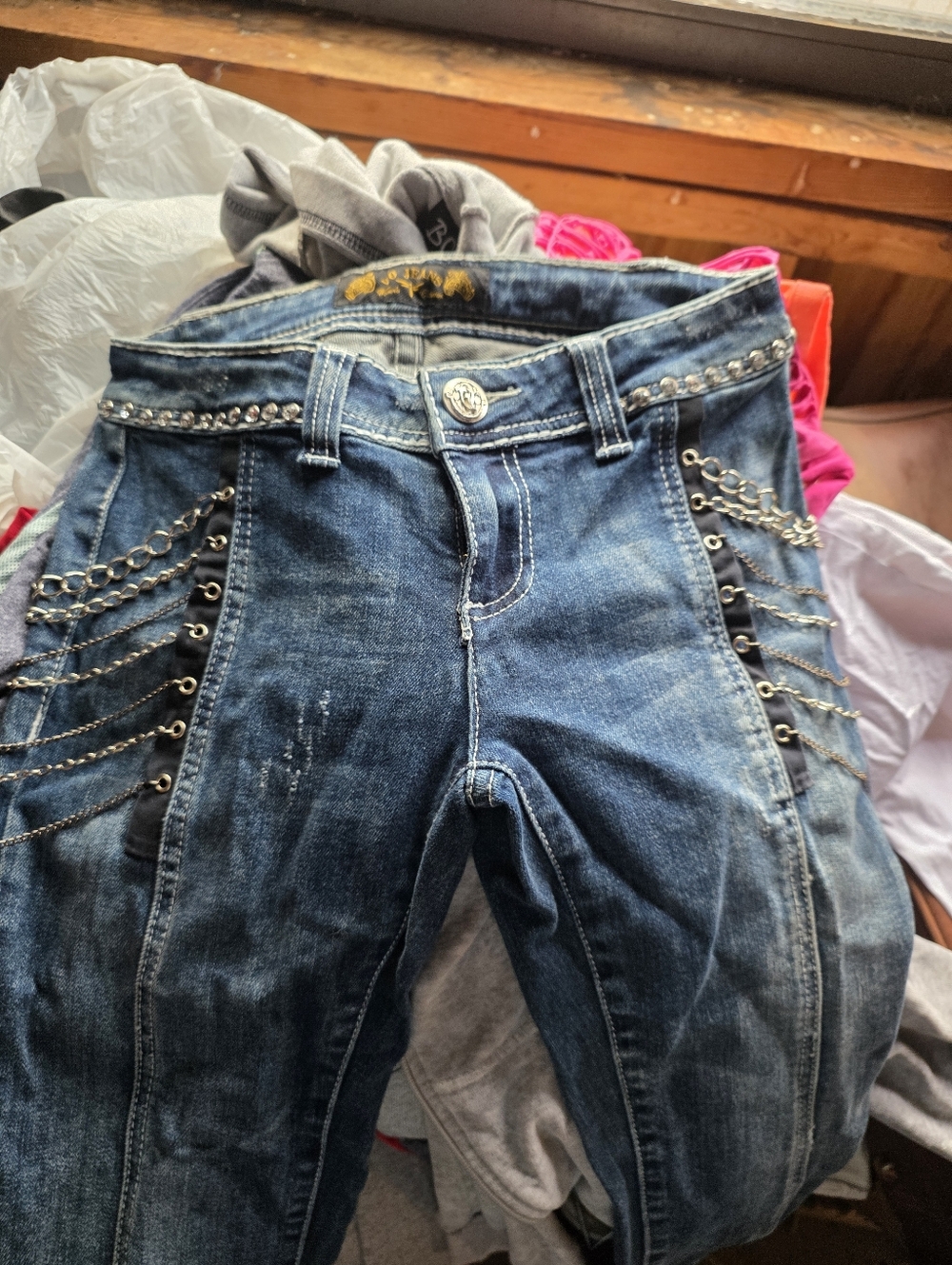 Studded Chain Detail Women's Blue Denim Jeans
